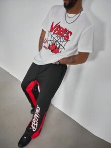 Manfinity Roughcore Plus Size Men's Casual Set - Letter Graphic Round Neck Short Sleeve Top And Pants