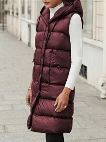 RueChic Solid Hooded Puffer Vest Coat Burgundy - Burgundy - View 5