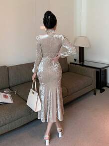 DAZY 女士天鹅绒 V 领收腰拼接鱼尾连衣裙，优雅派对晚礼服，中长款，秋冬舞会礼服