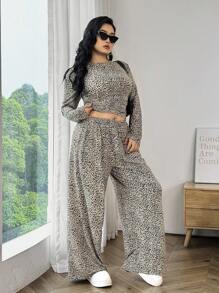 SHEIN EZwear 1 套大码女式豹纹两件套服装 - 彩色 - 查看 5
