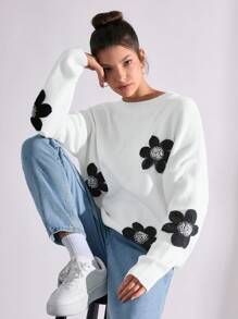 SHEIN PETITE WOMEN DIAMOND DETAIL FLORAL PATTERN CASUAL SWEATER
