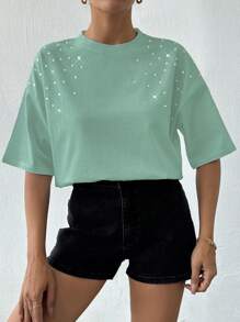 RueChic 100% 纯棉女款白色水钻 T 恤 - 薄荷藍 - 查看 4