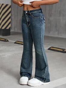 SHEIN Jeans acampanados con bordado estilo Y2K grunge para niña preadolescente, ropa de calle para volver al colegio en otoño - Azul lavado oscuro - Ver 3