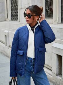RueChic Frenchy REVERSIBLE Quilted Pocket Detailed Zip Up Stylish Down Jacket - Baby Blue - View 5