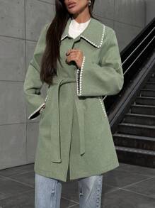 EURMUSE Straigt Fit Sewing Detailed Long Overcoat - Mint Green - View 4