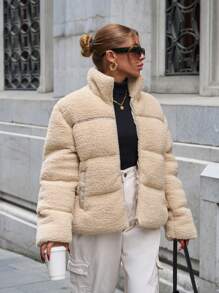 SHEIN Cottnline SOLID ZIPPER POCKET TEDDY WINTER COAT - Beige - View 3