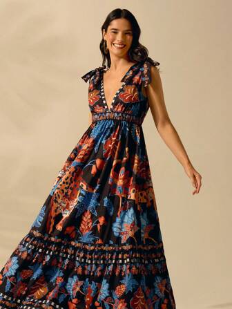 CAJUNI 女士深 V 领无袖系带休闲度假沙滩裙，波西米亚风热带豹纹、菠萝、巨嘴鸟印花长裙，适合夏季