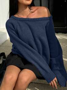 SHEIN EZwear 大码宽领长款宽松针织套头衫，秋冬大码 - 藍色 - 查看 6