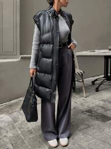 EURMUSE Ruffle Trim PU Leather Zip Up Puffer Vest Coat - Black - View 6