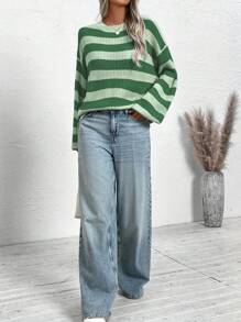 Calvaya Suéter casual de mujer talla grande con cuello redondo, hombros caídos y mangas largas a rayas, suéter de punto de otoño/invierno - Verde - Ver 3