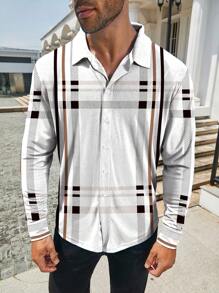 Manfinity Homme Plus Size Men's Front Button Long Sleeve Allover Print Casual Shirt - White - View 3