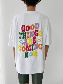 RueChic Drop Shoulder T-Shirt mit Buchstaben Grafik,