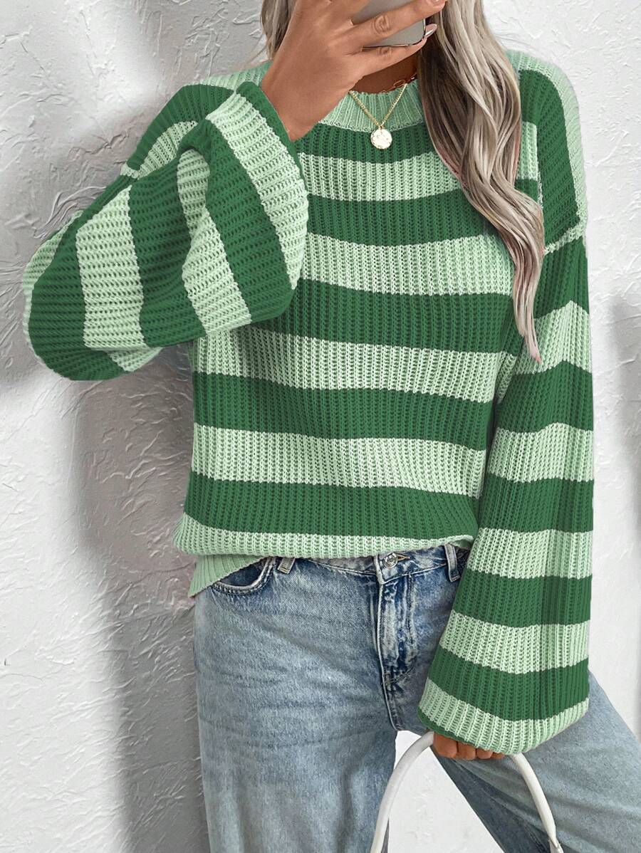 Calvaya Suéter casual de mujer talla grande con cuello redondo, hombros caídos y mangas largas a rayas, suéter de punto de otoño/invierno - Verde - Ver 1