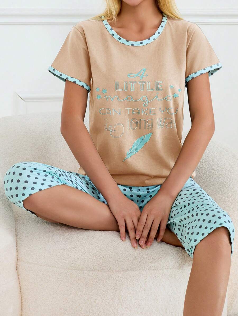 SHEIN Cottnline 100% Cotton 2 chiếc áo sơ mi cotton in khẩu hiệu màu tương phản và quần ngủ capri in chấm bi bộ đồ ngủ mặc nhà - Nhiều màu - Xem 1