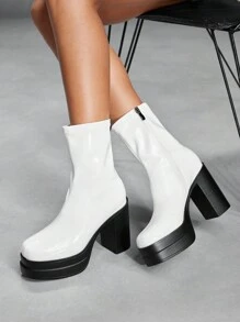 CUCCOO SZL Square Toe Thick Heel Waterproof Platform Mid-Calf Boots For Women - White - View 5