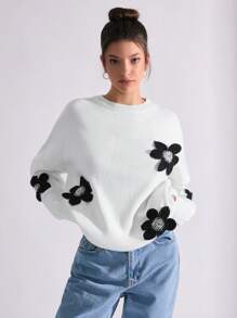 SHEIN PETITE WOMEN DIAMOND DETAIL FLORAL PATTERN CASUAL SWEATER