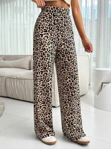 EURMUSE 女士休闲豹纹印花阔腿裤 - 棕色 - 查看 4