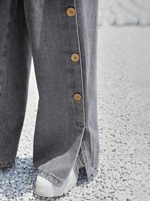 SHEIN Tween Girl Summer Boho Button Detail Knot Front Baggy Denim Wide Leg Pants - Grey - View 4