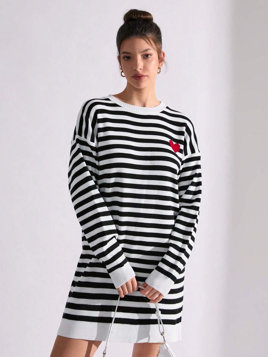 EURMUSE Cute Heart Crew Neck Striped Knit Sweater For Women - Black and White - View 1