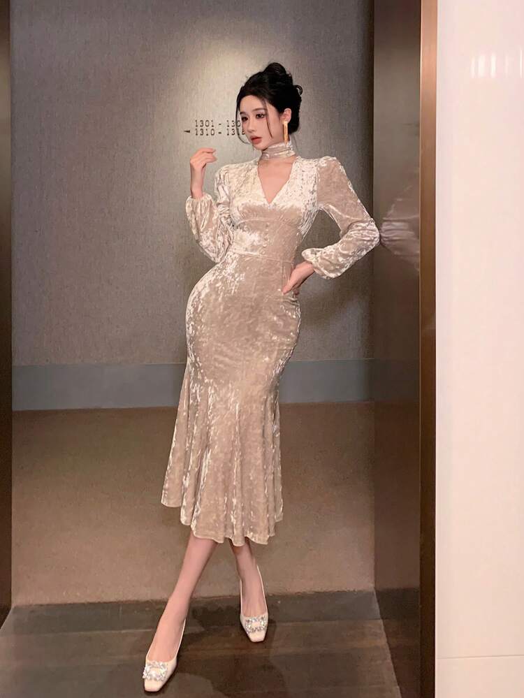 Women's Velvet V-Neck Waist Splice Fishtail Dress, Elegant Party Evening Gown, Mid-Length, Autumn/Winter Prom Dress