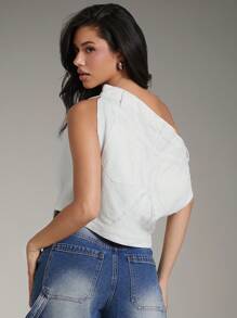 Denimoi 女士夏季不对称领口宽松休闲牛仔衬衫 - 米色 - 查看 3