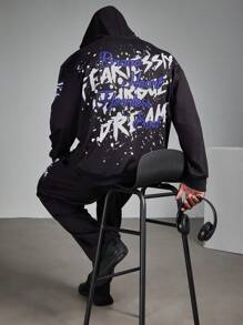 Manfinity LEGND Conjunto de 2 piezas de talla grande para hombre, de uso diario y casual, con sudadera con capucha y cordón estampada con letras y pantalón de chándal