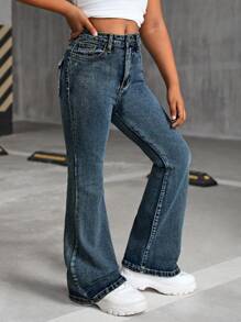 SHEIN Jeans acampanados con bordado estilo Y2K grunge para niña preadolescente, ropa de calle para volver al colegio en otoño - Azul lavado oscuro - Ver 4