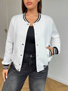 SHEIN EZwear Plus Size Women Button Front Colorblock Long Sleeve Pocket Casual Jacket