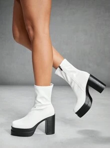 CUCCOO SZL Square Toe Thick Heel Waterproof Platform Mid-Calf Boots For Women - White - View 4