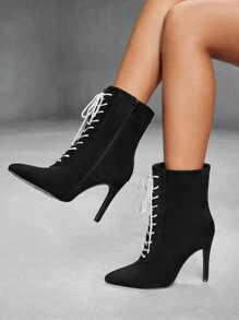 CUCCOO SZL Cuccoo Pointed Toe Slim High Heel Lace-Up Black Mid-Calf Boots For Women - Black - View 1