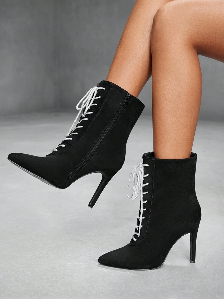 CUCCOO SZL Cuccoo Pointed Toe Slim High Heel Lace-Up Black Mid-Calf Boots For Women