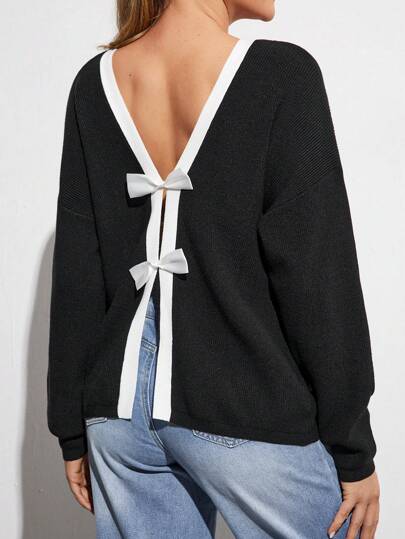 SHEIN 孕妇拼色蝴蝶结装饰简约休闲长袖毛衣