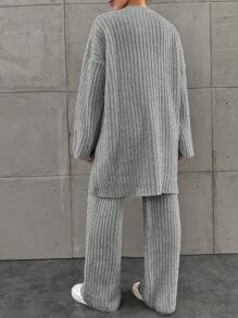 EURMUSE Loose Knitted Sweater Two Piece Set For Women, Including A Sweater And Long Pants - Grey - View 3