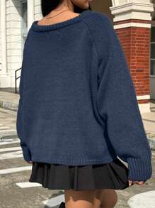 SHEIN EZwear 大码宽领长款宽松针织套头衫，秋冬大码 - 藍色 - 查看 2