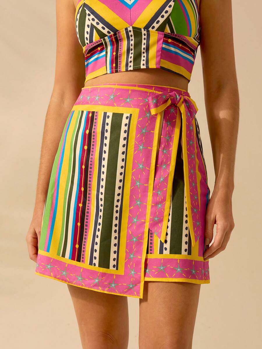 CAJUNI Women's Holiday Casual Summer Beach Boho Tropical Colorful Striped And Starfish Print Wrap Skirt - Multicolor - View 1