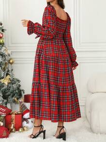 SHEIN Maternity Christmas Plaid Square Neck Flare Sleeve Shirred Bodice Ruffle Hem Dress For New Year Clothes - Red - View 2