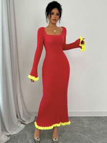 Chiquease Váy len dệt kim cổ vuông tay raglan màu khối xếp nếp cho phụ nữ cho quần áo năm mới - Đỏ - Xem 6