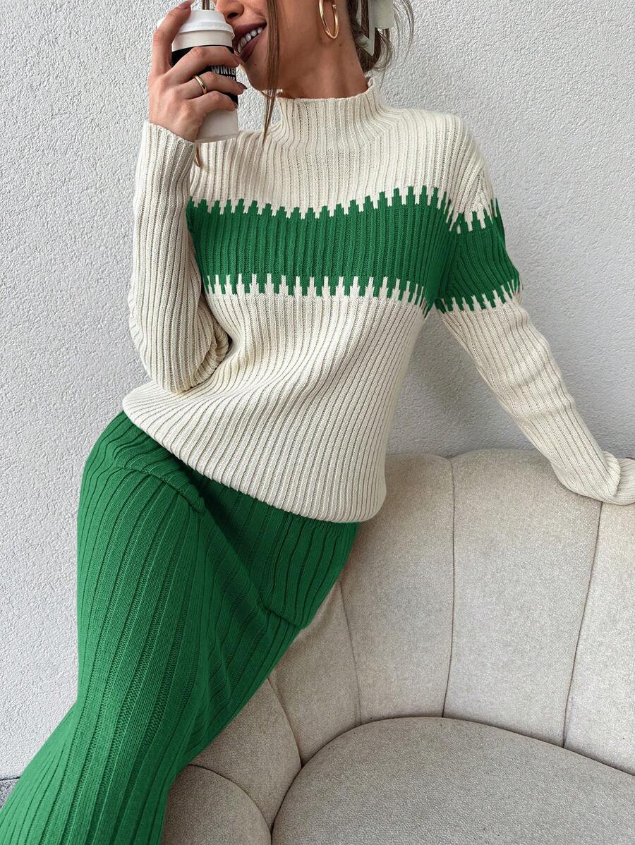 RueChic Ladies' Half Turtleneck Colorblocking Knit Sweater And Knitted Skirt Set - Green - View 1
