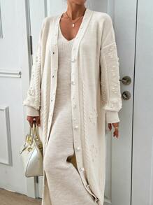 EURMUSE Ponpon And Stone Button Detail Maxi Long Cardigan - Apricot - View 2