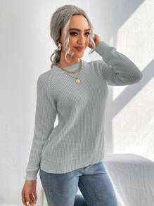 SHEIN LUNE 女士纯色圆领侧系带休闲套头毛衣，秋冬季长袖针织衫 - 灰色 - 查看 6