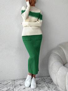 RueChic Ladies' Half Turtleneck Colorblocking Knit Sweater And Knitted Skirt Set - Green - View 5