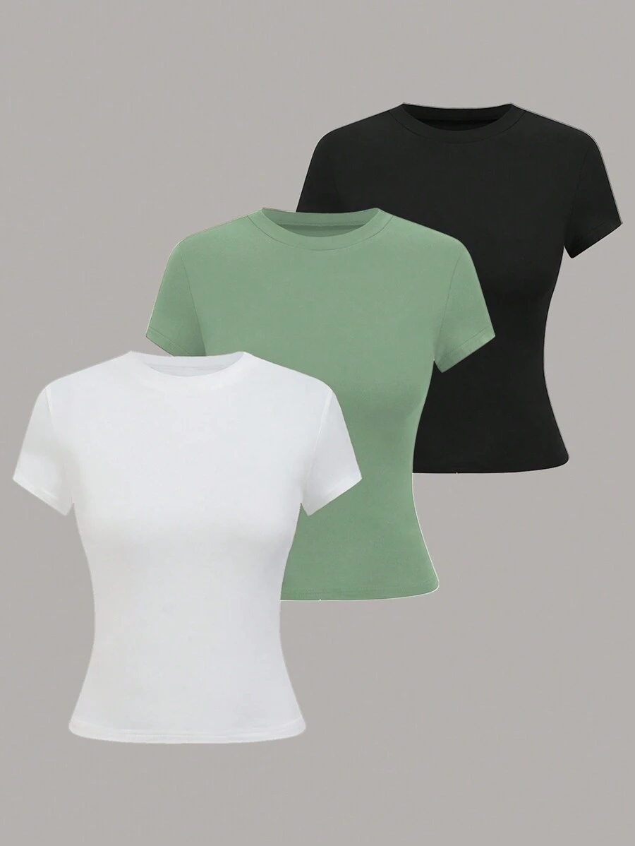 GlowEve Camiseta de manga corta y cuello redondo de unicolor, de estilo minimalista, para uso casual diario - Multicolor - Ver 1