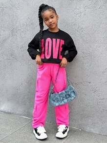 SHEIN 2 Stücke Set für Teenager Mädchen, fuchsiafarbener "LOVE" Muster Schwarzer Hoodie und fuchsiafarbene Cargohose im Streetwear-Stil - Schwarz - Übersicht 3