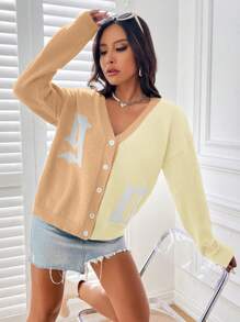 Flirla Áo len cardigan cài nút rộng rãi họa tiết chữ cái đơn giản cho nữ - Nhiều màu - Xem 4