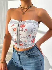 Breezaya 女式复古花卉印花露肩紧身胸衣短款上衣 - 彩色 - 查看 3