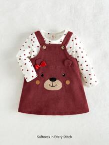 Cozy Pixies Baby Girl 2pcs Set: Polka Dot Pattern Soft Knit Round Neck Long Sleeve Pullover Top With Decorative Bow & Bear Pattern Suspender Dress - Burgundy - View 4
