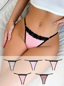 女士蕾丝拼接性感丁字裤 - 彩色 - 查看 1