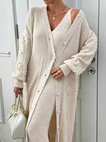 EURMUSE Ponpon And Stone Button Detail Maxi Long Cardigan - Apricot - View 6