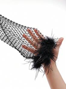 SHEIN ICON 鱼网长袖圆领拼布蓬松边饰 Y2K 派对女士音乐会女士闪光闪亮水钻上衣