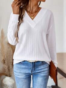 EMERY ROSE 女士休闲罗纹V领落肩套头卫衣，秋季款 - 白色 - 查看 1